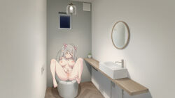 1girl absurdres anus barefoot bow breasts ceiling_light closed_mouth commentary_request completely_nude feet grey_hair hair_bow highres indoors large_breasts long_hair masturbation mirror multiple_hair_bows niliu_chahui nipples nude original pointy_ears pussy sidelocks sitting solo toes toilet
