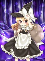 Rule 34 | 1girl, apron, bad id, bad pixiv id, blonde hair, blush, bow, carrying, carrying over shoulder, cheunes, dress, female focus, forest of magic, hand on headwear, hat, hat bow, highres, kirisame marisa, large bow, long hair, looking at viewer, mushroom, red eyes, sack, shoulder carry, smile, solo, touhou, witch hat