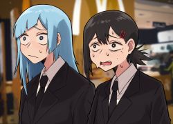 2girls absurdres black_eyes black_hair black_suit blue_eyes blue_hair bright_pupils chainsaw_man closed_mouth collared_shirt crossover formal_clothes hair_ornament hairclip higashiyama_kobeni highres indoors jacket jujutsu_kaisen light_blue_hair mcdonald&#039;s medium_hair miwa_kasumi mole mole_on_cheek mole_under_eye mole_under_mouth multiple_girls multiple_moles necktie nekonbini open_mouth pant_suit pants ponytail restaurant shirt suit suit_jacket sweat trait_connection upper_body white_pupils