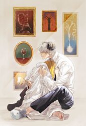 1boy 1girl absurdres barefoot between_legs black_pants blonde_hair coat collared_shirt franken_stein_(soul_eater) grey_hair hetero highres hissiu hug lab_coat long_hair long_sleeves marie_mjolnir object_through_head pants portrait_(object) screw_in_head shirt shoes short_hair sitting soul_eater stitched_face stitches white_coat white_shirt
