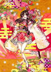 Rule 34 | 1girl, arrow (projectile), bamboo, black hair, blush, bow, colorful background, detached sleeves, egasumi, floral print sleeves, flower, folding fan, frilled headwear, frilled skirt, frills, hagoita, hair bow, hair flower, hair ornament, hakurei reimu, hand fan, highres, holding, holding arrow, holding fan, japanese clothes, kabaji, kimono, kimono skirt, long hair, maneki-neko, miniskirt, new year, obi, open mouth, paddle, red bow, red kimono, sandals, sash, short kimono, skirt, socks, solo, tabi, teeth, touhou, traditional media, upper teeth only, white socks, zouri