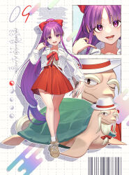 1girl absurdres adapted_costume barcode beard beard_bow bow character_name copyright_name facial_hair genjii_(touhou) guumin hair_bow hakurei_reimu hakurei_reimu_(pc-98) hat highres jacket long_hair long_sleeves numbered one_eye_closed open_mouth puffy_sleeves purple_eyes purple_hair red_bow red_skirt ribbon skirt smile story_of_eastern_wonderland touhou touhou_(pc-98) turtle white_hat white_jacket yin_yang