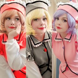 Rule 34 | 3girls, absurdres, blonde hair, brown hair, cosplay, cosplay photo, highres, lipstick, lunasa prismriver, lyrica prismriver, makeup, merlin prismriver, multiple girls, non-web source, photo (medium), red lips, touhou