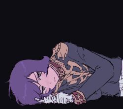1boy absurdres belt black_background brown_eyes cle_423 closed_mouth commentary epaulettes furrowed_brow garma_zabi gloves green_jacket gundam high_collar highres jacket light_frown long_sleeves looking_at_viewer lying male_focus military_uniform mobile_suit_gundam on_side purple_hair short_hair simple_background solo white_belt white_gloves