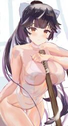 1girl absurdres azur_lane between_breasts black_hair bokken bow breasts brown_eyes casual_one-piece_swimsuit chiloru choker cleavage clothing_cutout criss-cross_halter gluteal_fold hair_flaps halterneck highleg highleg_one-piece_swimsuit highres large_breasts long_hair looking_at_viewer navel_cutout official_alternate_costume one-piece_swimsuit ponytail ribbon solo swimsuit sword takao_(azur_lane) takao_(beach_rhapsody)_(azur_lane) thigh_gap weapon white_bow white_choker white_one-piece_swimsuit white_ribbon wooden_sword