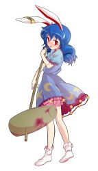 1girl alphes_(style) animal_ears bloomers blue_hair blush commentary_request dairi dress earclip full_body highres holding kine large_variant_set long_hair mallet parody puffy_short_sleeves puffy_sleeves rabbit_ears seiran_(touhou) short_dress short_sleeves socks solo style_parody tachi-e tears touhou transparent_background underwear variant_set
