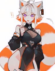 1girl ahoge animal_ears blush breasts demenishki detached_sleeves fang indie_virtual_youtuber jewelry medium_breasts multicolored_hair orange_hair purple_eyes raccoon_tail solo tail thighs tongue tongue_out virtual_youtuber white_hair zandorii