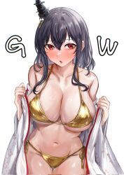 1girl bikini black_hair breasts gold_bikini highres japanese_clothes kantai_collection kimono large_breasts medium_hair miyako_(rgrayt) open_clothes red_eyes solo swimsuit white_background white_kimono yamashiro_(kancolle)