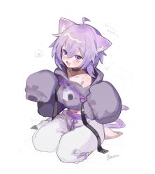 1girl animal_ears barefoot black_hoodie breasts cat_ears cat_girl cat_tail collar food full_body highres hololive hood hoodie kneeling large_breasts midriff_peek nekomata_okayu onigiri ori_dak oversized_clothes purple_eyes purple_hair simple_background single_bare_shoulder solo tail virtual_youtuber white_background