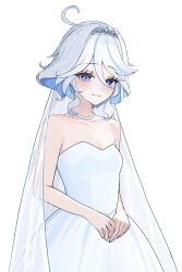 1girl bride dress drop-shaped_pupils eyelash_ornament furina_(genshin_impact) genshin_impact heterochromia highres irodo_1024 jewelry mismatched_pupils multicolored_hair necklace pearl_necklace smile solo streaked_hair symbol-shaped_pupils veil wedding_dress white_dress