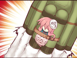 1girl belt bound bow bubble_skirt comic female_focus gundam gundam_0083 hata_no_kokoro kuresento liftoff long_hair long_sleeves mask o3o pink_hair rocket shaded_face skirt solo sweat tied_up_(nonsexual) touhou
