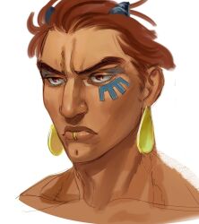 1boy alternate_hairstyle aquiline_nose battle_tendency brown_hair commentary cropped_shoulders demonicboimike earrings english_commentary face_piercing facial_mark hair_slicked_back horns jewelry jojo_no_kimyou_na_bouken lip_piercing male_focus nose piercing portrait red_eyes santana_(jojo) solo thick_eyebrows white_background