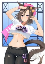 1girl air_groove_(umamusume) animal_ears arms_up black_pants blue_eyes blush bow breasts brown_hair closed_mouth commentary_request cowboy_shot cropped_shirt denim ear_bow ear_ornament highres holding holding_towel horse_ears horse_girl horse_tail jeans komb large_breasts looking_at_viewer navel pants pink_bow shirt short_hair solo stomach tail torn_clothes torn_jeans torn_pants towel uma_summer_(umamusume) umamusume watermark white_shirt