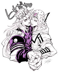2boys beanie beard cape cheek-to-cheek commentary_request dated facial_hair feathers goggles goggles_on_headwear gyro_zeppeli hat heads_together holding_hands hood hood_down hoodie horseshoe horseshoe_hat_ornament johnny_joestar jojo_no_kimyou_na_bouken konpane_(ohj) long_hair male_focus multiple_boys one_eye_closed partially_colored short_sleeves spot_color star_(symbol) star_print steel_ball_run translation_request wristband
