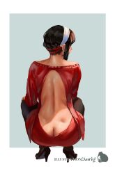 1girl anrig artist_name ass back back_focus backless_outfit bare_shoulders black_hair black_pantyhose black_shoes border braid butt_crack dimples_of_venus earrings facing_away from_behind full_body grey_background hairband half_up_braid hand_on_own_knee high_heels highres jewelry long_sidelocks median_furrow nape pantyhose red_sweater revealing_clothes shoes sidelocks solo spread_legs spy_x_family squatting sweater white_border white_hairband yor_briar