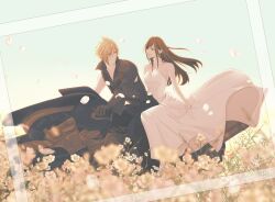 1boy 1girl alternate_costume bare_shoulders black_gloves black_hair blonde_hair blue_eyes blue_sky breasts bride brown_hair closed_mouth cloud_strife collarbone commentary_request detached_sleeves dress earrings falling_petals fenrir_(final_fantasy) field final_fantasy final_fantasy_vii final_fantasy_vii_advent_children flower flower_field full_body gloves jewelry long_dress long_hair looking_at_another medium_breasts mixmomo_yah motor_vehicle motorcycle on_motorcycle outdoors petals red_eyes short_hair single_detached_sleeve single_earring single_shoulder_pad sitting sky smile spiked_hair strapless strapless_dress tifa_lockhart wedding_dress white_dress