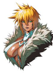 1girl absurdres arrancar bleach blonde_hair breasts dark-skinned_female dark_skin eyebrows_hidden_by_hair facial_tattoo fur_collar fur_trim green_eyes hair_between_eyes highres large_breasts lips looking_at_viewer parted_lips plunging_neckline portrait short_hair sidelocks simple_background solo spiked_hair tattoo tier_harribel upper_body virgoart white_background