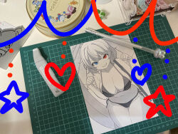 Rule 34 | 1girl, absurdres, art tools in frame, bikini, blue eyes, breasts, cameltoe, cleavage, clenched hands, collarbone, heterochromia, highres, karakasa obake, large breasts, navel, red eyes, short hair, simple background, smile, solo, swept bangs, swimsuit, tatara kogasa, thick thighs, thighs, touhou, traditional media, tumugihikari, umbrella, v-shaped eyebrows, white background