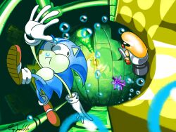 1boy air_bubble animal_ears black_eyes blue_fur bubble coral full_body furry furry_male gloves highres male_focus pepijuan red_shoes shoes sonic_(series) sonic_the_hedgehog swimming tidal_tempest underwater water