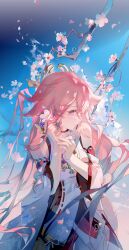 1girl absurdres animal_ears bare_shoulders breasts cherry_blossoms cowboy_shot detached_sleeves facing_to_the_side falling_petals flower fox_ears fox_girl fre_(haochilanzuo) genshin_impact hair_ornament highres holding holding_flower large_breasts long_hair petals pink_hair purple_eyes red_skirt shirt sideways_glance skirt sleeveless sleeveless_shirt smile white_shirt yae_miko