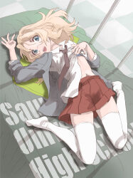 1girl english_text engrish_text girls_und_panzer highres kay_(girls_und_panzer) looking_at_viewer lying marutaya on_back open_mouth ranguage socks thighhighs undressing white_socks