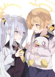 Rule 34 | 2girls, absurdres, azusa (blue archive), blonde hair, blue archive, blue skirt, doll, hair between eyes, hair ribbon, halo, hifumi (blue archive), highres, light brown hair, long hair, multiple girls, muu, peroro (blue archive), ponytail, ribbon, school uniform, silver hair, simple background, skirt, white background