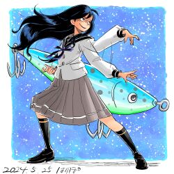 Rule 34 | 1girl, absurdres, afterimage, artist name, black hair, black sailor collar, black shoes, black socks, blue neckerchief, buttons, commentary, dated, evil smile, fighting stance, fishing lure, floating hair, full body, grey eyes, grey skirt, hand up, hari tabo42, highres, kawabe marin, kneehighs, loafers, long hair, neckerchief, open mouth, original, pleated skirt, sailor collar, school uniform, serafuku, shirt, shoes, signature, skirt, smile, socks, solo, standing, white shirt