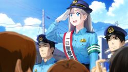 Rule 34 | 1girl, 2boys, armband, asymmetrical bangs, belt, black belt, blue eyes, blue pants, blue shirt, blue sky, breast pocket, buttons, closed mouth, cloud, cloudy sky, collared shirt, cuffs, day, female service cap, fukuda tomonori, game cg, gloves, green armband, grey hair, hair between eyes, hairband, handcuffs, happy, hat, highres, holding, holding handcuffs, japan national police, long hair, metal hairband, multiple boys, non-web source, official art, open collar, pants, pocket, police, police badge, police hat, police uniform, policeman, policewoman, red sash, robotics;notes, robotics;notes dash, salute, sash, shirt, shoulder sash, shoulder strap, sky, smile, striped armband, striped clothes, tongue, white gloves, yellow eyes, yukifune airi