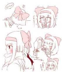 1girl ainu_clothes alternate_costume blush breasts chibi climbing closed_eyes hair_ribbon highres japanese_text long_hair looking_at_viewer mamahaha monochrome multiple_views music nakoruru open_mouth ribbon samurai_spirits scarf school_uniform singing small_breasts snk sparkle the_king_of_fighters the_king_of_fighters_xiv translation_request trembling weapon