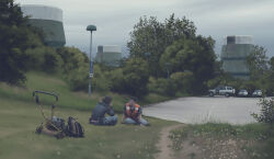 Rule 34 | 1boy, 1other, absurdres, bracelet, building, cloud, cloudy sky, dandelion, denim, flower, grass, gun, high-visibility clothing, high-visibility vest, highres, jeans, jewelry, lamppost, lawnmower, necklace, pants, parking lot, parking permissive sign, science fiction, shirt, simon stalenhag, sky, sweater, swedish machines, t-shirt, tree, unconventional emergency vehicle lighting, weapon