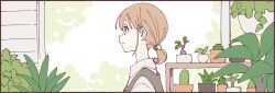 1girl absurdres apron bonsai brown_apron brown_eyes brown_hair closed_eyes collared_shirt from_side hair_ornament hanging_plant highres indoors leaf looking_ahead namori original plant ponytail potted_plant shelf shirt smile solo tree white_shirt window