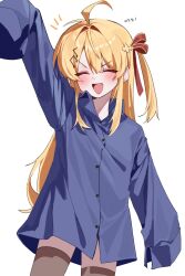1girl ahoge arm_up blonde_hair blush closed_eyes collared_shirt commentary cowboy_shot fortissimo hair_ornament hair_ribbon highres hololive hololive_dev_is korean_text long_hair long_sleeves musical_note musical_note_hair_ornament newda_al one_side_up open_mouth otonose_kanade oversized_clothes ribbon shirt sleeves_past_fingers sleeves_past_wrists smile solo thighhighs translation_request very_long_hair virtual_youtuber
