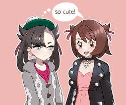 Rule 34 | 2girls, :d, absurdres, aqua eyes, asymmetrical bangs, black choker, black hair, black jacket, breasts, brown eyes, brown hair, choker, cleavage, closed mouth, collarbone, cosplay, costume switch, dress, earrings, english text, gloria (pokemon), gloria (pokemon) (cosplay), green hat, grey jacket, hair ribbon, hat, highres, jacket, jewelry, long hair, looking at another, looking down, marnie (pokemon), marnie (pokemon) (cosplay), muis0802, multiple girls, nintendo, open mouth, pink background, pink dress, pokemon, pokemon swsh, ribbon, short hair, simple background, single earring, smile, speech bubble, stud earrings, tam o&#039; shanter, thought bubble, twintails, two side up, undercut, upper body