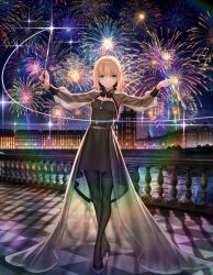 1girl absurdres ahoge artoria_pendragon_(fate) belt black_dress black_pantyhose black_ribbon black_shoes blonde_hair breasts checkered_floor cleavage conductor_baton dress elizabeth_tower fate/stay_night fate_(series) fireworks formal_clothes full_body green_eyes hair_ribbon hands_up high_heels highres holding_baton london long_sleeves looking_at_viewer night night_sky official_art outdoors pantyhose ribbon saber_(fate) see-through_clothes shoes shrug_(clothing) sky smile solo standing strapless strapless_dress takeuchi_takashi third-party_source updo water