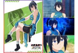 1girl angry black_hair blue_eyes blush boots breasts character_name character_request detached_sleeves full_body green_background gun hand_on_own_chest kizetsu_yūsha_to_ansatsu_hime large_breasts ponytail priestess promotional_art shorts sitting smile weapon