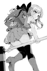 1girl alternate_costume arcueid_brunestud backpack bag boots bow empty_eyes greyscale hair_bow hanabana_tsubomi holding homurabara_academy_school_uniform kagetsu_tooya len_(tsukihime) long_hair looking_at_viewer monochrome parted_lips pointy_ears randoseru school_uniform simple_background skirt solo thighhighs tohno_akiha tsukihime