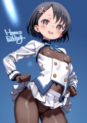 1girl artist_name black_pantyhose breasts commentary_request covered_erect_nipples cowboy_shot flower hair_flower hair_ornament hairclip highres idolmaster idolmaster_cinderella_girls jacket long_sleeves miniskirt open_mouth paid_reward_available pantyhose parallel_hairclips pleated_skirt puddinghomhom sasaki_chie short_hair signature skirt small_breasts solo teeth upper_teeth_only white_jacket white_skirt
