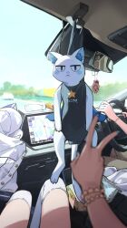 2girls :&lt; absurdres animal animal_ear_fluff blue_nails blurry blush_stickers bracelet car_interior cat commentary dashboard depth_of_field figure hanging highres holding_steering_wheel hololive hoshimachi_suisei jewelry kneehighs mirror multiple_bracelets multiple_girls pet reflection road slit_pupils socks star_(symbol) star_bracelet steering_wheel takoyaki_(hoshimachi_suisei) traffic tsukino_(nakajimaseiki) unworn_clothes v virtual_youtuber