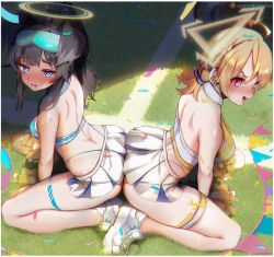 2girls absurdres animal_ears arched_back ass-to-ass black_hair blonde_hair blue_archive blue_eyes blush breasts cheerleader dog_ears dog_girl field goggles goggles_on_head halo hibiki_(blue_archive) hibiki_(cheer_squad)_(blue_archive) highleg highleg_panties highres housou-kun kotori_(blue_archive) kotori_(cheer_squad)_(blue_archive) large_breasts looking_at_viewer low_twintails medium_breasts millennium_cheerleader_outfit_(blue_archive) multiple_girls open_mouth panties pom_pom_(cheerleading) red_eyes short_hair short_twintails sitting skirt thigh_strap twintails underwear wariza white_skirt