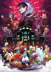 2girls 6+boys absurdres aether_foundation_uniform alolan_form alolan_ninetales alolan_raichu archie_(pokemon) ascot basket beard black_footwear black_gloves black_hair black_hat black_jacket black_pants black_shirt black_skirt blonde_hair blue_eyes blue_hair blue_shirt boots castle claws cyrus_(pokemon) dress elio_(pokemon) emblem faba_(pokemon) facial_hair flag food gen_7_pokemon ghetsis_(pokemon) giovanni_(pokemon) glasses gloves green_eyes grey_eyes grey_jacket guzma_(pokemon) hat highres holding holding_food holding_poke_ball incineroar jacket lycanroc lycanroc_(dusk) lysandre_(pokemon) maxie_(pokemon) mega_ring multicolored_gloves multicolored_hair multiple_boys multiple_girls nintendo official_art open_mouth orange_hair pants parted_lips pink_eyes pink_sweater poke_ball poke_ball_(basic) poke_ball_print pokemon pokemon_(creature) pokemon_usum print_headwear print_shirt purple-framed_eyewear purple_hair red_ascot red_eyes red_footwear red_hair red_hat red_sky scarf shirt shoes skirt sky sleeveless sleeveless_shirt smile sneakers sophocles_(pokemon) sugimori_ken sunglasses sweater team_rainbow_rocket team_rainbow_rocket_grunt team_rainbow_rocket_grunt_(female) team_rainbow_rocket_grunt_(male) team_rainbow_rocket_uniform thigh_boots thighhighs toucannon tsareena underbust white_dress white_pants white_shirt wicke_(pokemon) yellow-framed_eyewear yellow_scarf z-ring