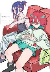 &gt;:( 2girls absurdres amate_yuzuriha aqua_eyes aqua_skirt bare_shoulders black_boots black_camisole blue_hair blush boots breasts camisole closed_mouth couch diagonal-striped_clothes diagonal-striped_necktie foot_out_of_frame frown gundam gundam_gquuuuuux hair_between_eyes haruyuki_(gffewuoutgblubh) highres jitome long_sleeves medium_breasts miniskirt multicolored_hair multiple_girls necktie nyaan_(gundam_gquuuuuux) odaibako on_couch pants pleated_skirt ponytail profile purple_eyes reclining red_hair red_necktie school_uniform short_hair short_ponytail sidelocks simple_background sketch skirt socks streaked_hair striped_clothes sweat sweater two-tone_hair v-shaped_eyebrows white_background white_pants white_socks white_sweater
