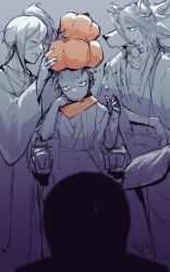 3boys beastman cecilus_segmunt halloween japanese_clothes kimono multiple_boys natsuki_subaru pipe pumpkin re:zero_kara_hajimeru_isekai_seikatsu sanpaku scarf side_ponytail sweatdrop throne