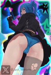 absurdres black_jacket blue_panties fortnite from_below highres hope_(fortnite) jacket panties skirt underwear upskirt