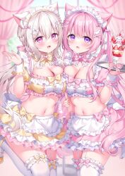 Rule 34 | 2girls, animal ear fluff, animal ears, apron, blush, bow, braid, breasts, cat ears, cat girl, cleavage, cleavage cutout, clothing cutout, collar, crop top, cropped shirt, detached collar, food, frills, garter straps, hair ornament, headdress, highres, holding, holding tray, indoors, large breasts, long hair, looking at viewer, maid, maid apron, maid headdress, midriff, multiple girls, navel, open mouth, original, parfait, pink bow, pink hair, pink shirt, pink skirt, purple eyes, ribbon, shiono (0303), shirt, skirt, smile, strawberry parfait, thighhighs, tray, white hair, white thighhighs, wrist cuffs, yellow bow, yellow shirt, yellow skirt