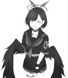 1girl alternate_hair_length alternate_hairstyle blue_archive choker collarbone commentary_request facing_viewer fingerless_gloves gloves greyscale hair_ornament hairclip halo hoffun ichika_(blue_archive) medium_hair monochrome neckerchief pleated_skirt sailor_collar school_uniform short_sleeves simple_background skirt smile solo standing swept_bangs thigh_strap white_background wings wolf_cut