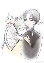 Rule 34 | 1boy, 1girl, aqua eyes, black hanfu, brown hair, chinese clothes, chinese commentary, chinese text, closed mouth, commentary request, cropped torso, dragon horns, earrings, eyelashes, floral print, folding fan, green hair, grey eyes, hair between eyes, hand fan, hand on another&#039;s head, hanfu, happy, highres, holding, holding fan, horn ornament, horn ribbon, horns, hug, jewelry, lips, long sleeves, mandarin collar, marking on cheek, nikki (series), parted bangs, parted lips, pink lips, qin yi, red ribbon, ribbon, shining nikki, short hair, simple background, single earring, sleeves past wrists, smile, surprised, tareme, tassel, tassel earrings, translation request, watermark, weibo watermark, white background, white horns, wide sleeves, xiaoyu qixing, yellow hanfu