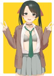 Rule 34 | 1girl, black choker, blazer, blush, border, bra, breasts, brown jacket, choker, collarbone, collared shirt, commentary request, cowboy shot, double v, dress shirt, green eyes, green hair, green necktie, grey bra, grey skirt, hair ribbon, jacket, kantai collection, long hair, long sleeves, looking at viewer, loose necktie, mikuma (kancolle), miniskirt, necktie, open clothes, open jacket, open mouth, open shirt, outside border, parted bangs, pleated skirt, red ribbon, ribbon, rounded corners, sakiecho, shirt, simple background, skirt, small breasts, smile, solo, standing, twintails, underwear, v, white border, yellow background