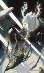 Rule 34 | 1girl, battle, black cat207, cape, clone, commentary, debris, doppelganger, dress, duel, earrings, elf, floating, frieren, highres, holding, holding staff, jewelry, levitation, long hair, mage staff, pointy ears, skirt, sousou no frieren, spiegel replica, staff, striped clothes, twintails, white cape, white dress, white hair, white skirt