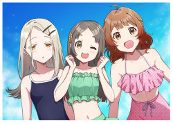 3girls :d ;d ahoge bikini bikini_shorts blue_background blunt_ends brown_eyes brown_hair collarbone colored_eyelashes flipped_hair forehead frilled_bikini frills gakuen_idolmaster gradient_hair grey_hair hair_ornament hairclip hanami_ume highres idolmaster kuramoto_china long_hair looking_at_viewer midriff mogukichi_aka multicolored_hair multiple_girls navel one_eye_closed open_mouth orange_eyes parted_bangs polka_dot polka_dot_bikini red_hair school_swimsuit shinosawa_hiro shorts single_tooth smile straight_hair swept_bangs swimsuit thick_eyelashes