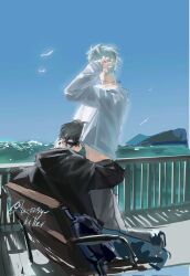 Rule 34 | 2boys, alien stage, arm around waist, balcony, bird, black hair, black shirt, blue pants, blue sky, chair, commentary, english commentary, grey hair, highres, ivan (alien stage), long sleeves, male focus, multiple boys, on chair, pants, shirt, short hair, signature, sitting, sky, till (alien stage), very short hair, water, white bird, white shirt, wonsy killer